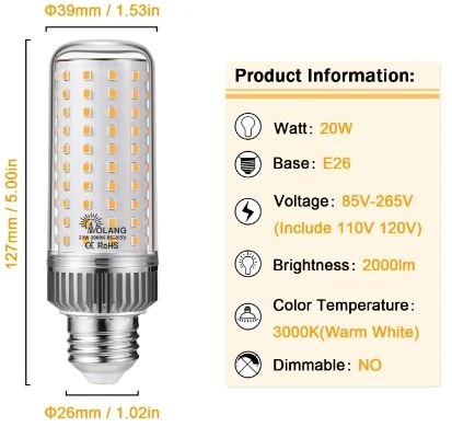 20W Corn Light Bulb 180W Equivalent, 3000K Warm White, 2000LM, Non-dimmable, Flicker Free - 3 Pack high quality