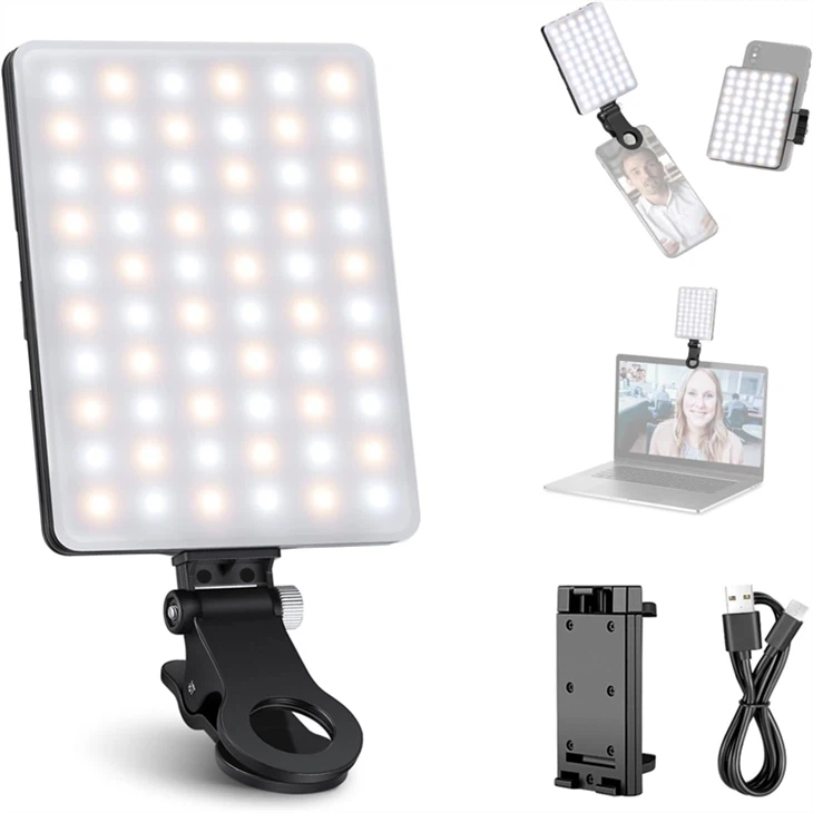 Luz recargable de doble clip 60LED para teléfono/tableta/vídeo portátil